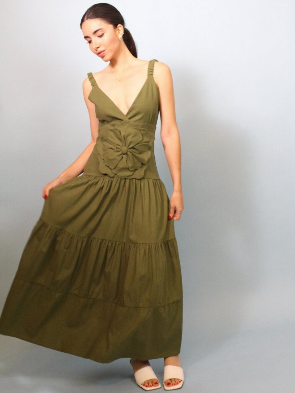 Olive Green Linen Maxi Dress with Statement Flower Detail